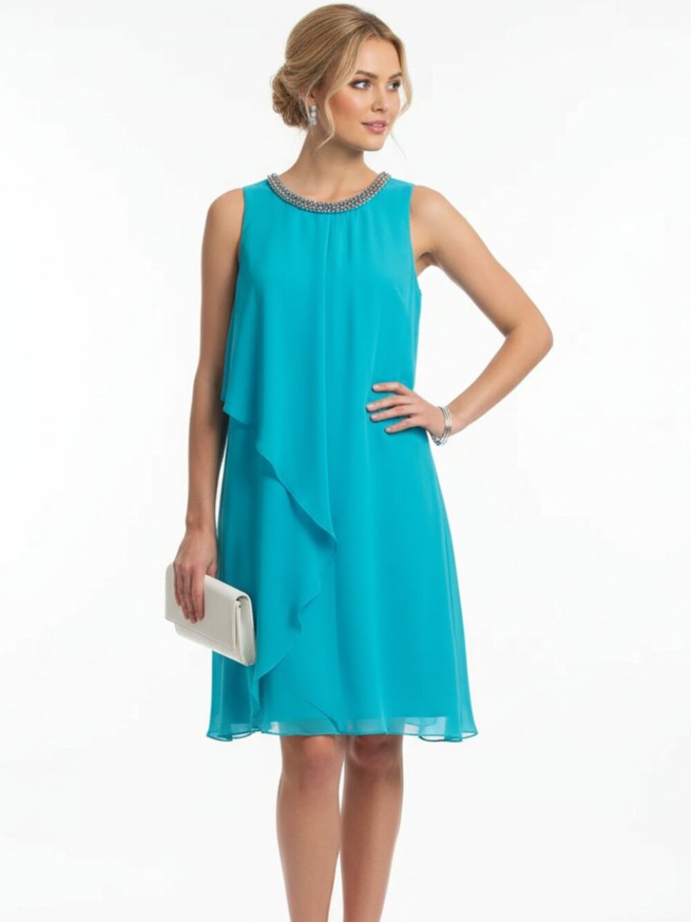 J.B.S. Limited Sky Blue Sleeveless Drape Rhinestone Neck‎ Dress 10